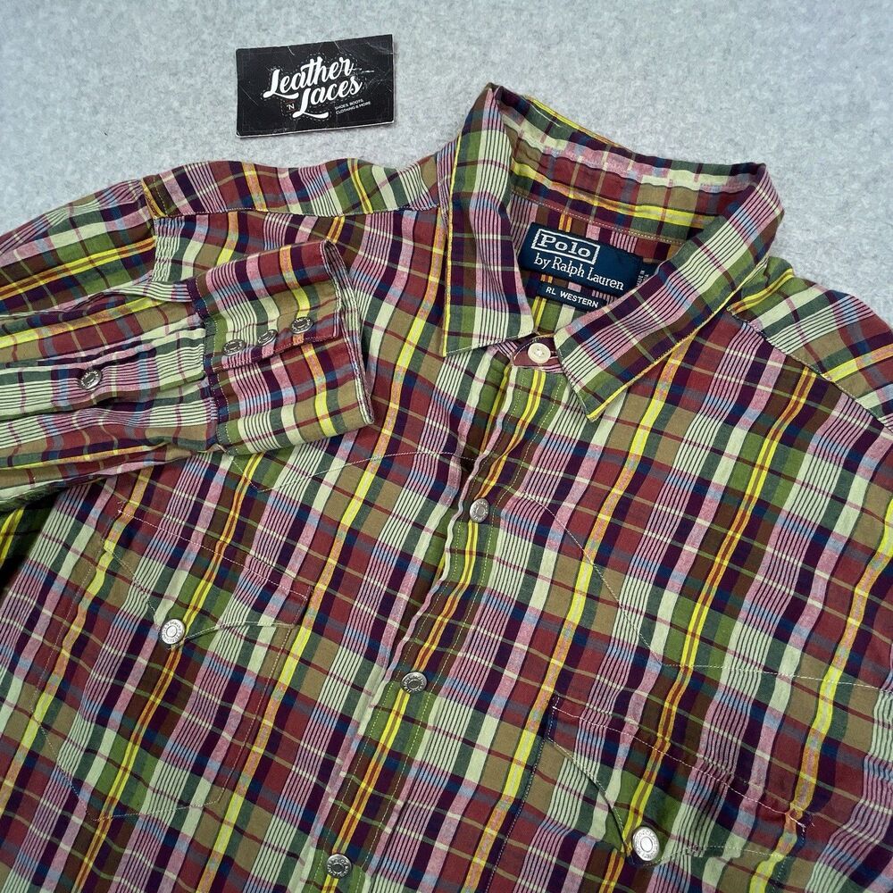 Vintage Polo Ralph Lauren RL Western Shirt Mens Medium M Plaid Metal Snap Cowboy